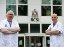 Professor Gerry McElvaney (left), the study’s senior author and a consultant in Beaumont Hospital, and Professor Ger Curley (right) stand in front of the RCSI Education and Research Centre in Beaumont Hospital, Dublin. Credit: Ray Lohan