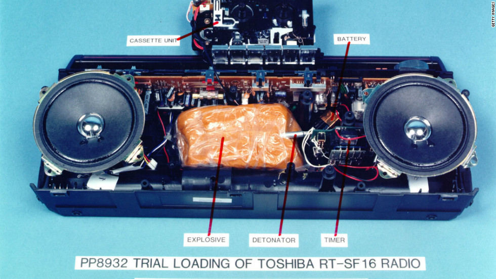 A mockup of the explosives-loaded Toshiba cassette recorder which blew up Pan Am Flight 103 over Lockerbie, Scotland, in 1988 is on display on January 31, 2001