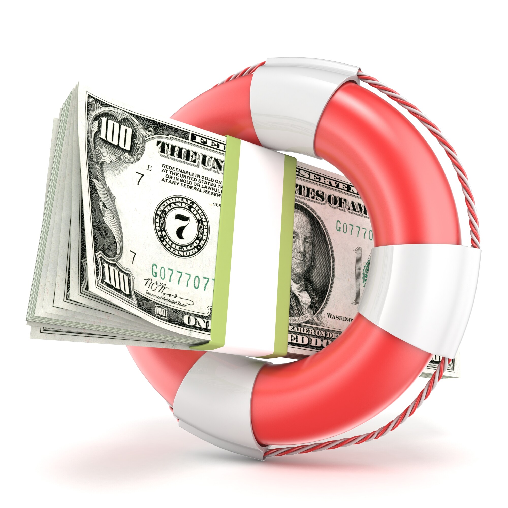 Life buoy with dollars banknote. 3D render illustration isolated on a white background
